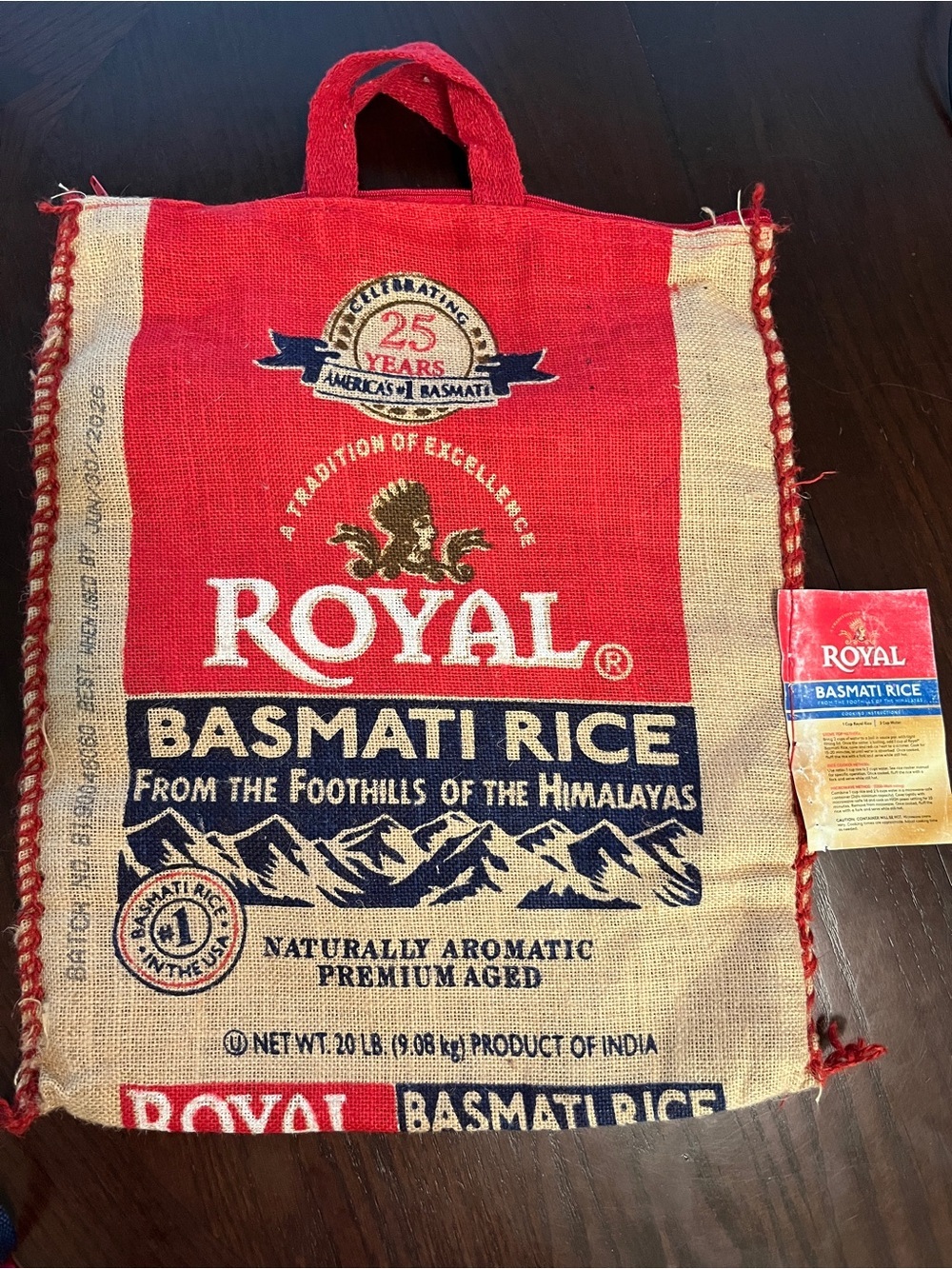 Royal Basmati Rice Burlap Bag Purse With Zipper Tag Attached